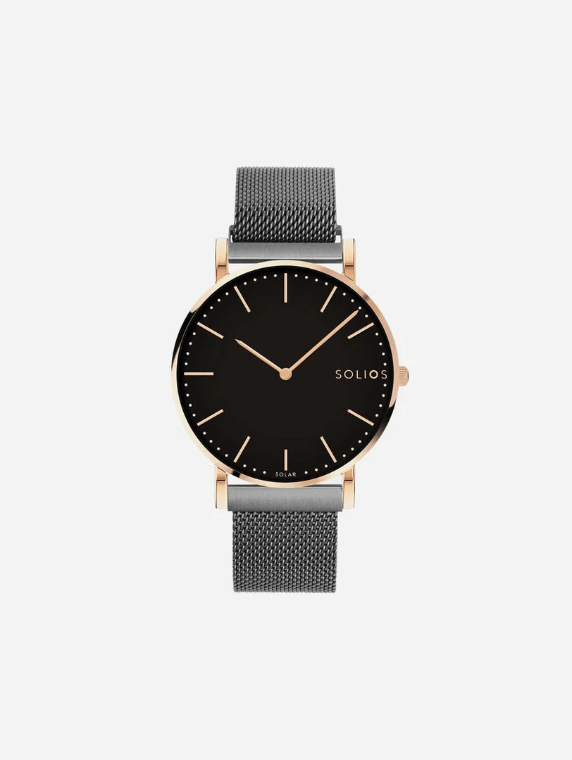 Solios Solar Watch With Black & Rose Gold Dial | Grey Mesh Strap 3 Solios Solar Watch With Black & Rose Gold Dial | Grey Mesh Strap