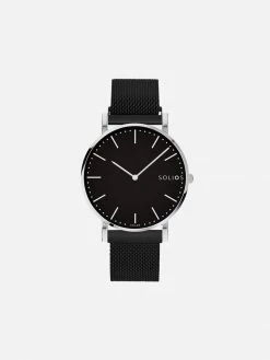 Solios Accessories Solar Watch With Black & Silver Dial | Black Mesh Strap