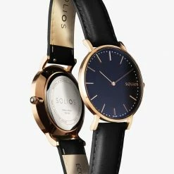 Solios Accessories Solar Watch With Black & Rose Gold Dial | Black Vegan Leather Strap