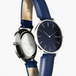 Solios Accessories Solar Watch With Black & Silver Dial | Blue Vegan Leather Strap
