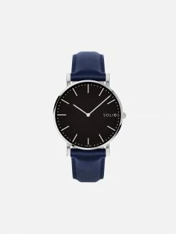 Solios Accessories Solar Watch With Black & Silver Dial | Blue Vegan Leather Strap