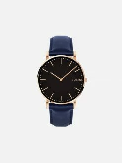 Solios Solar Watch With Black & Rose Gold Dial | Blue Vegan Leather Strap Accessories