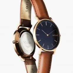 Solios Solar Watch With Black & Rose Gold Dial | Brown Vegan Leather Strap