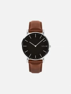 Solios Solar Watch With Black & Silver Dial | Brown Vegan Leather Strap Accessories