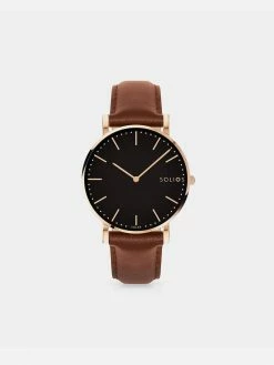 Solios Solar Watch With Black & Rose Gold Dial | Brown Vegan Leather Strap