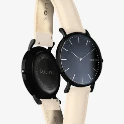 Solios Accessories Solar Watch With Black Dial | Cream Vegan Leather Strap