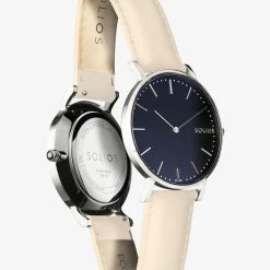 Solios Accessories Solar Watch With Black & Silver Dial | Cream Vegan Leather Strap