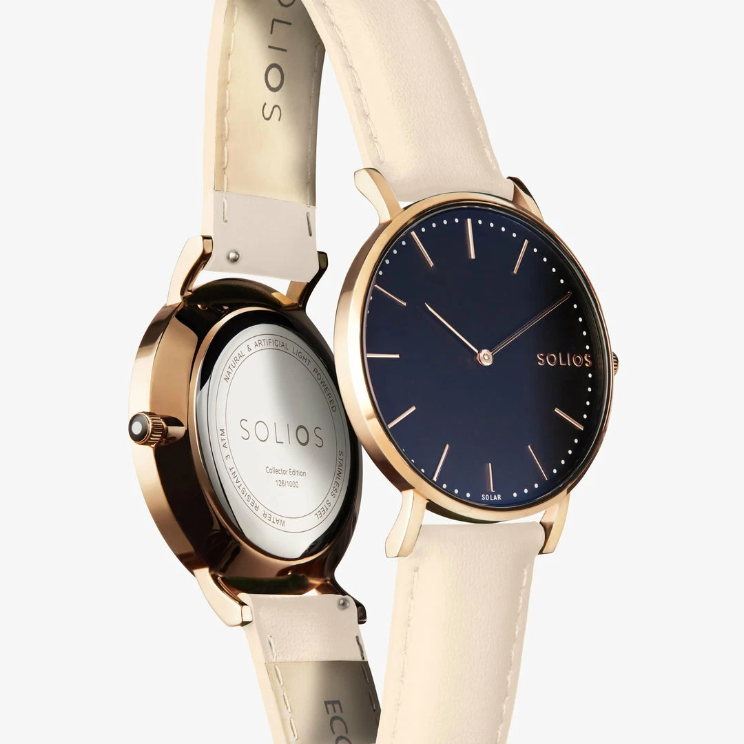 Solios Solar Watch With Black & Rose Gold Dial | Cream Vegan Leather Strap 4 Solios Solar Watch With Black & Rose Gold Dial | Cream Vegan Leather Strap