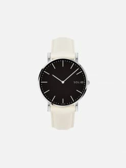 Solios Accessories Solar Watch With Black & Silver Dial | Cream Vegan Leather Strap