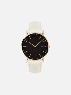 Solios Solar Watch With Black & Rose Gold Dial | Cream Vegan Leather Strap