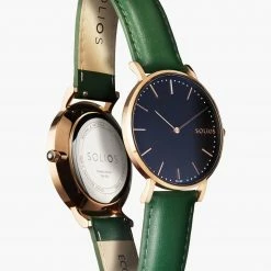 Solios Solar Watch With Black & Rose Gold Dial | Green Vegan Leather Strap Accessories