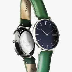 Solios Accessories Solar Watch With Black & Silver Dial | Green Vegan Leather Strap