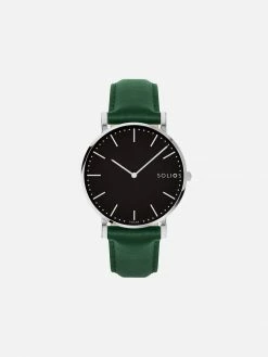 Solios Accessories Solar Watch With Black & Silver Dial | Green Vegan Leather Strap