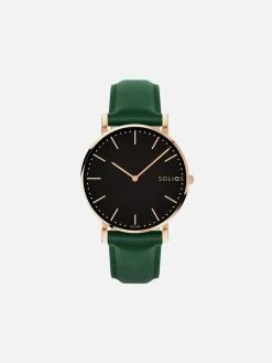 Solios Solar Watch With Black & Rose Gold Dial | Green Vegan Leather Strap Accessories