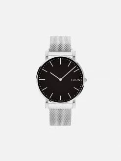 Solios Solar Watch With Black & Silver Dial | Silver Mesh Strap