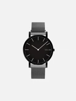 Solios Accessories Solar Watch With Black Dial | Grey Mesh Strap