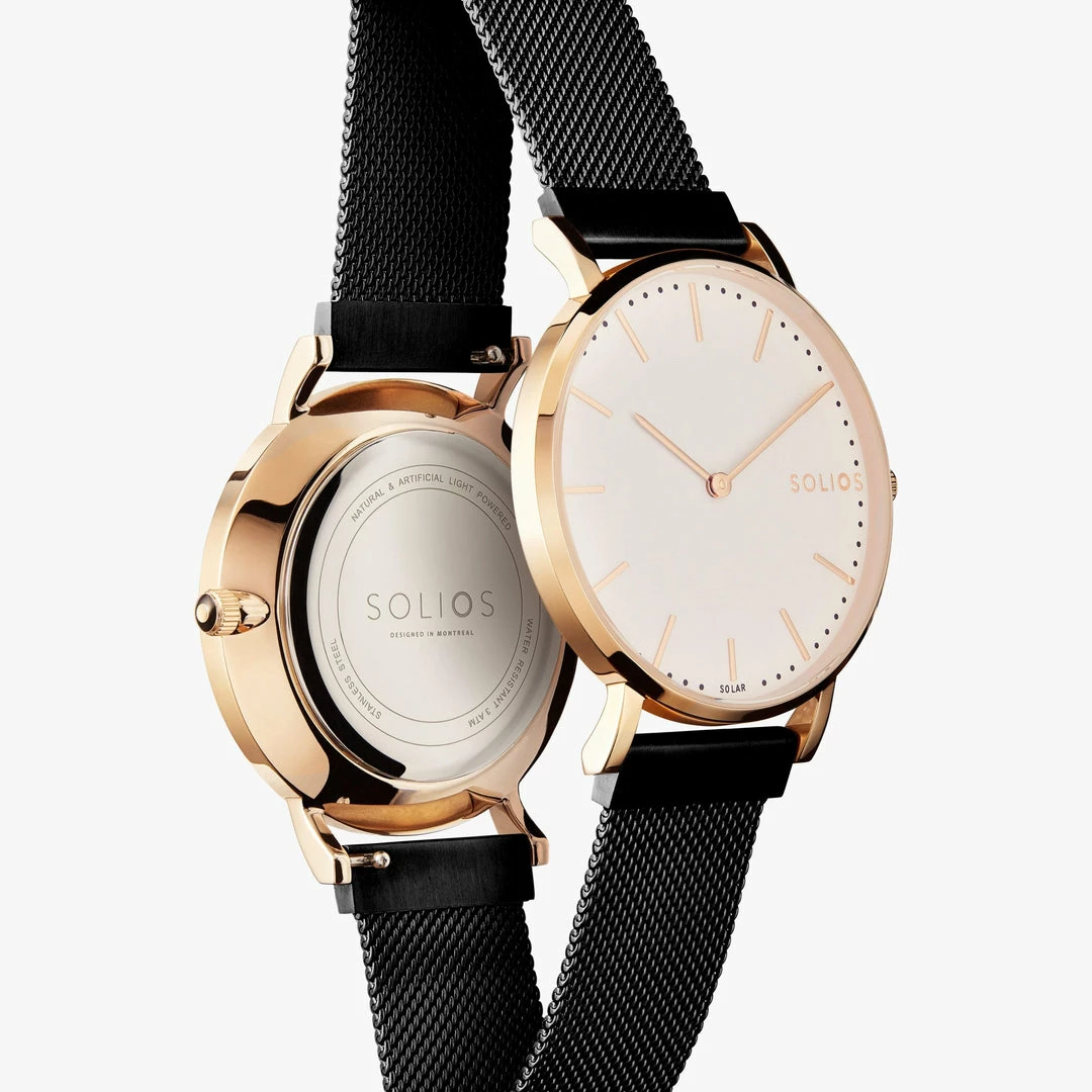 Solios Solar Watch With White & Rose Gold Dial | Black Mesh Strap Accessories 4 Solios Solar Watch With White & Rose Gold Dial | Black Mesh Strap Accessories