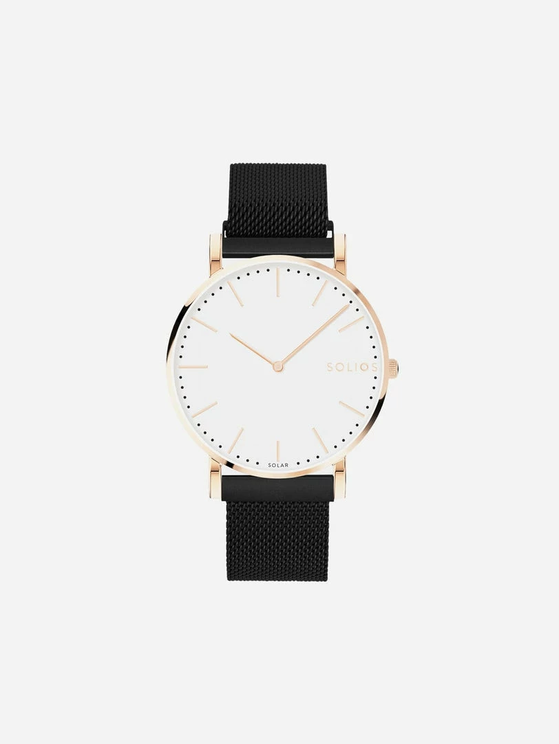 Solios Solar Watch With White & Rose Gold Dial | Black Mesh Strap Accessories 3 Solios Solar Watch With White & Rose Gold Dial | Black Mesh Strap Accessories