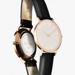 Solios Solar Watch With White & Rose Gold Dial | Black Vegan Leather Strap