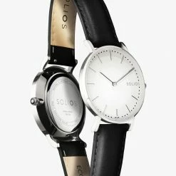 Solios Accessories Solar Watch With White & Silver Dial | Black Vegan Leather Strap