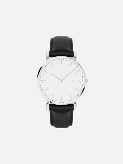 Solios Accessories Solar Watch With White & Silver Dial | Black Vegan Leather Strap