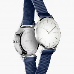 Solios Accessories Solar Watch With White & Silver Dial | Blue Mesh Strap