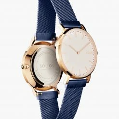 Solios Solar Watch With White & Rose Gold Dial | Blue Mesh Strap