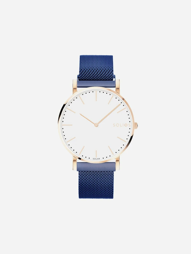 Solios Solar Watch With White & Rose Gold Dial | Blue Mesh Strap 3 Solios Solar Watch With White & Rose Gold Dial | Blue Mesh Strap