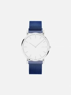Solios Accessories Solar Watch With White & Silver Dial | Blue Mesh Strap
