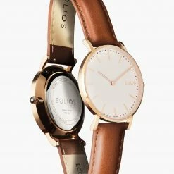 Solios Solar Watch With White & Rose Gold Dial | Brown Vegan Leather Strap Accessories