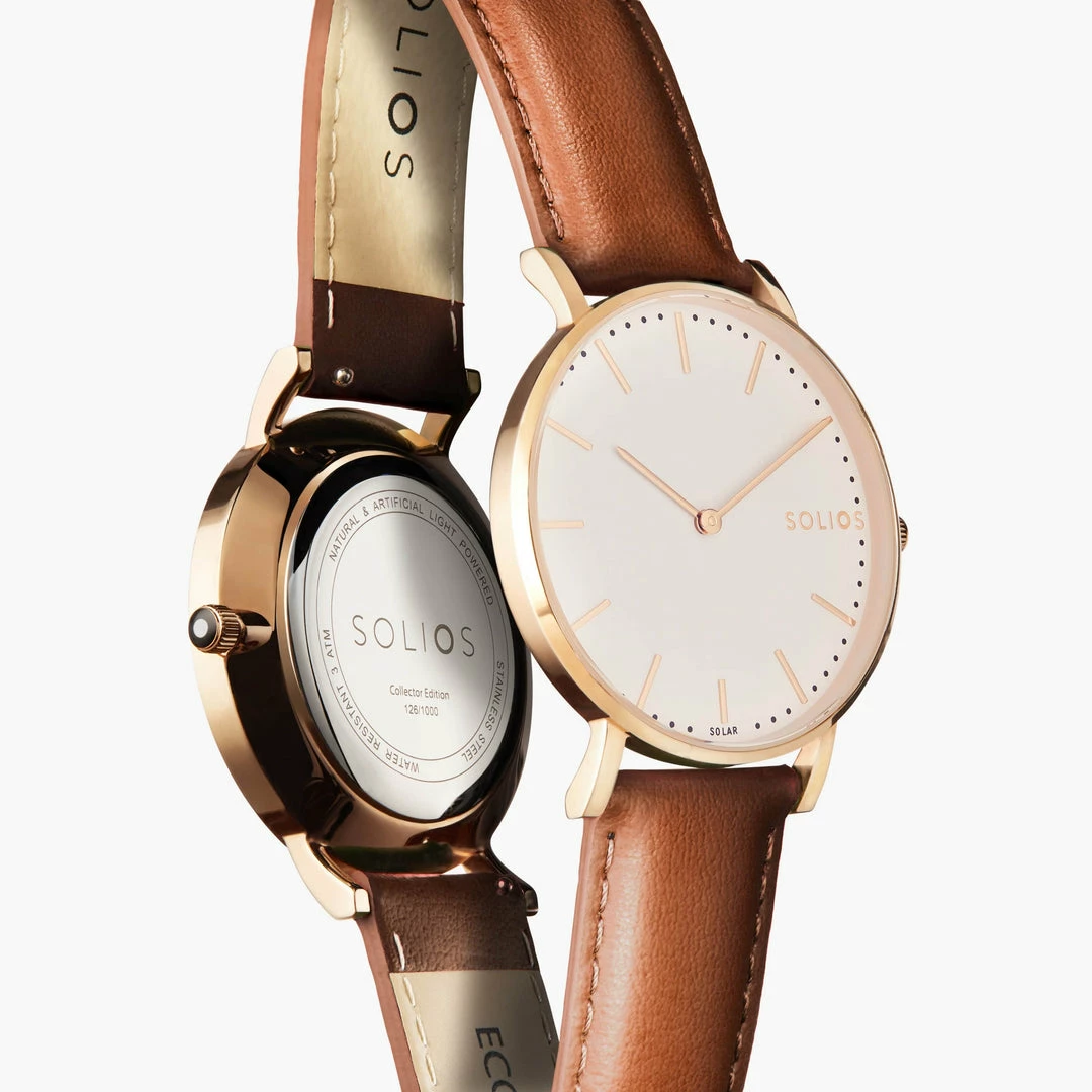 Solios Solar Watch With White & Rose Gold Dial | Brown Vegan Leather Strap Accessories 4 Solios Solar Watch With White & Rose Gold Dial | Brown Vegan Leather Strap Accessories