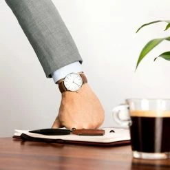 Solios Accessories Solar Watch With White & Silver Dial | Brown Vegan Leather Strap