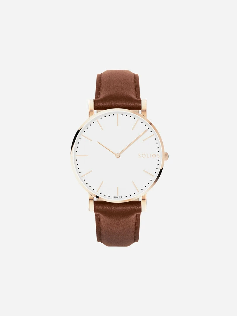 Solios Solar Watch With White & Rose Gold Dial | Brown Vegan Leather Strap Accessories 3 Solios Solar Watch With White & Rose Gold Dial | Brown Vegan Leather Strap Accessories