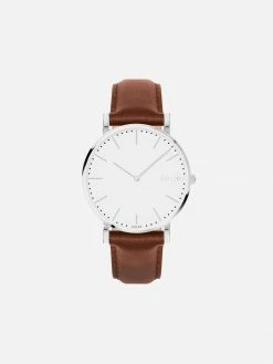 Solios Accessories Solar Watch With White & Silver Dial | Brown Vegan Leather Strap