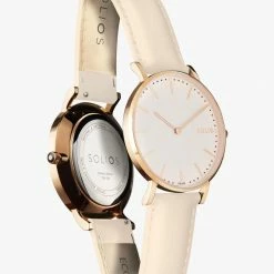 Solios Accessories Solar Watch With White & Rose Gold Dial | Cream Vegan Leather Strap
