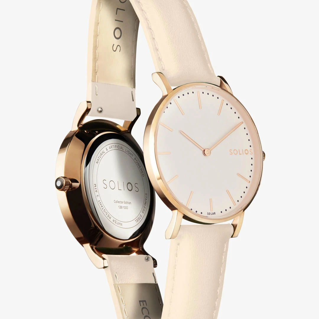 Solios Accessories Solar Watch With White & Rose Gold Dial | Cream Vegan Leather Strap 4 Solios Accessories Solar Watch With White & Rose Gold Dial | Cream Vegan Leather Strap