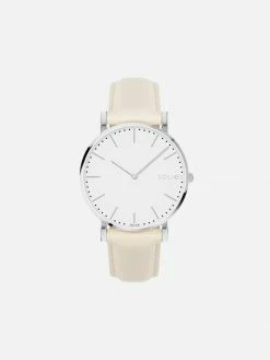 Solios Solar Watch With White & Silver Dial | Cream Vegan Leather Strap