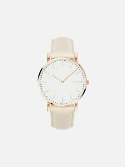 Solios Accessories Solar Watch With White & Rose Gold Dial | Cream Vegan Leather Strap