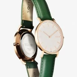 Solios Solar Watch With White & Rose Gold Dial | Green Vegan Leather Strap Accessories