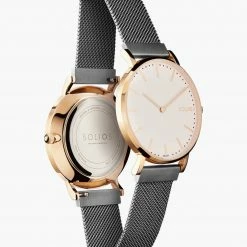 Solios Accessories Solar Watch With White & Rose Gold Dial | Grey Mesh Strap