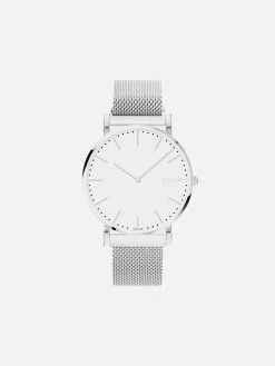 Solios Accessories Solar Watch With White & Silver Dial | Silver Mesh Strap