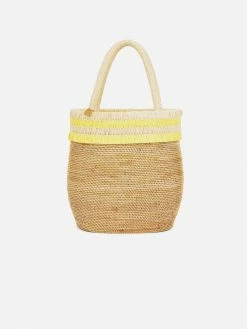 Stelar Ayu Handwoven Atta Vegan Oval Bucket Bag | Natural & Sunshine Yellow Bags