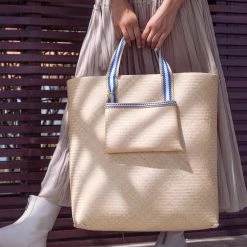Stelar Lembata Handwoven Bamboo Vegan Large Shopper Bag | Natural & Blue Stripe Bags