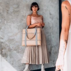 Stelar Malaka Handwoven Bamboo Vegan Medium Tote Bag | Natural & Blue Stripe Bags