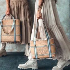Stelar Bags Malaka Handwoven Bamboo Vegan Small Tote Bag | Natural & Blue Stripe