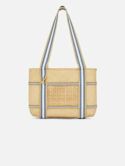 Stelar Bags Malaka Handwoven Bamboo Vegan Small Tote Bag | Natural & Blue Stripe