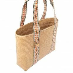 Stelar Bags Mentawai Handwoven Bamboo Vegan Medium Tote Bag Orange Straps | Natural