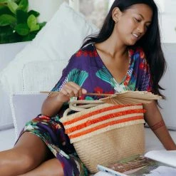 Stelar Bags Nihi Handwoven Bamboo Vegan Small Tote Bag | Natural & Coral