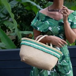 Stelar Bags Nihi Handwoven Bamboo Vegan Mini Tote Bag | Natural & Emerald Green
