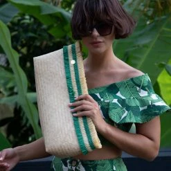 Stelar Bags Sita Raffia & Bamboo Vegan Clutch Bag | Natural & Emerald Green